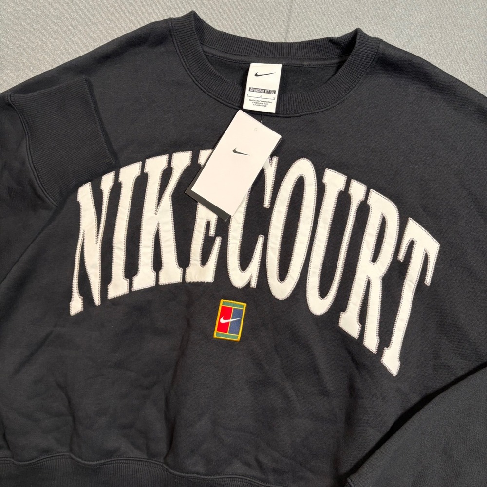NikeCourt Phoenix Fleece Womens Over-Sized Crew-Neck Tennis Sweatshirt Large Blk